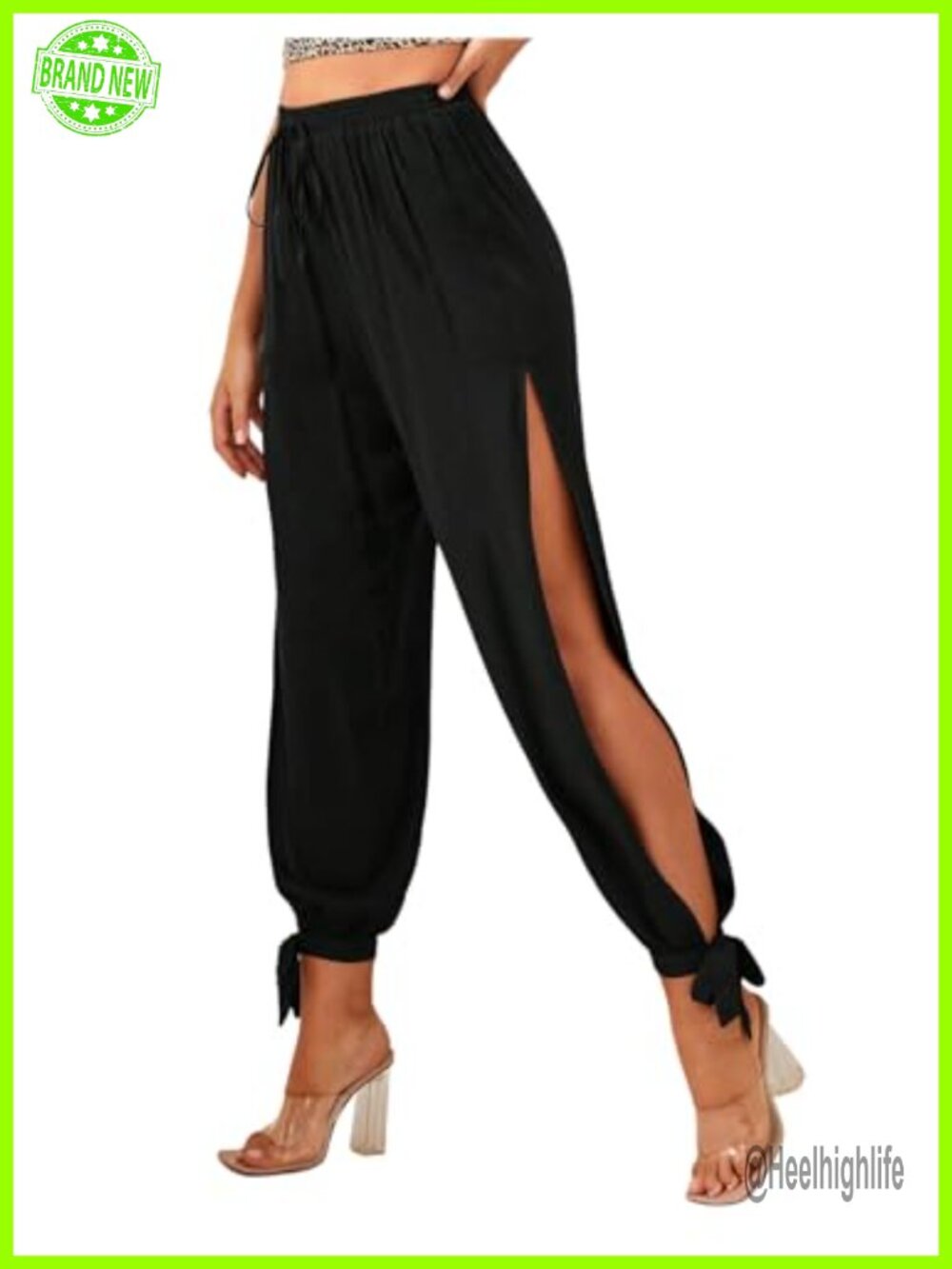 High Waisted Slit Harem Pants Bow Tie Drawstring Cropped Trousers